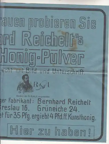 Plakat Zeitungsbeilage ? Bernhard Reichelt`s Honig Pulver um 1910 Kunsthonig !