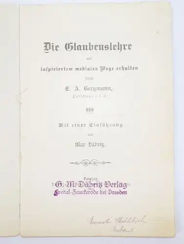 Glaubenslehre medialer Weg Bergmann und Däbritz Spiritismus 1901