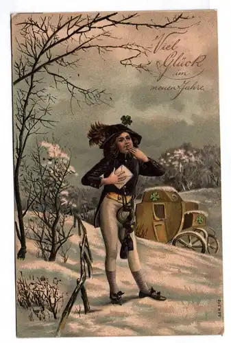 Präge Ak Bube Rokoko Mode Kutsche Neujahr 1909