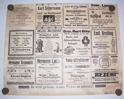 Döbeln Plakat mit vielen Reklame Anzeigen Aushang ca. um 1910er 1920er