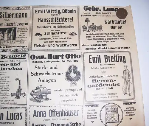 Döbeln Plakat mit vielen Reklame Anzeigen Aushang ca. um 1910er 1920er