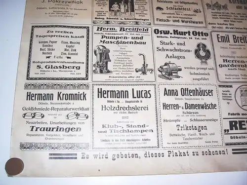 Döbeln Plakat mit vielen Reklame Anzeigen Aushang ca. um 1910er 1920er