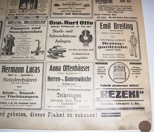 Döbeln Plakat mit vielen Reklame Anzeigen Aushang ca. um 1910er 1920er