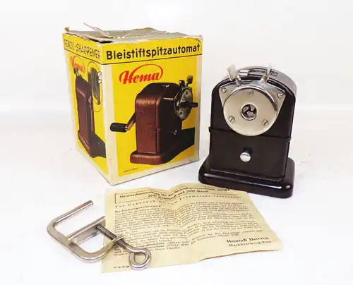 Hema Anspitzmaschine DDR Bleistift Anspitzer mit Originalkarton 1968 Bakelit