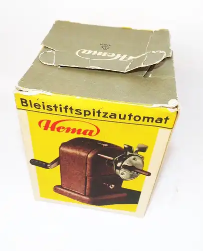 Hema Anspitzmaschine DDR Bleistift Anspitzer mit Originalkarton 1968 Bakelit
