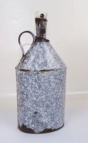 Alte Emaille Trinkflasche Flasche Verschluss Weiss Grau Vintage 