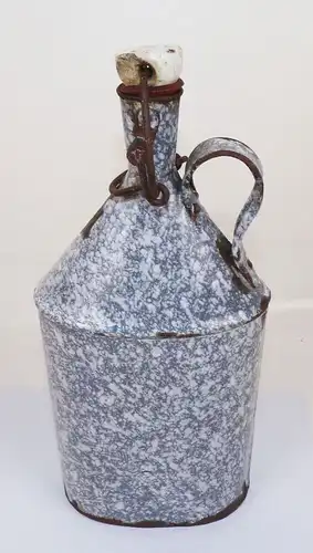 Alte Emaille Trinkflasche Flasche Verschluss Weiss Grau Vintage