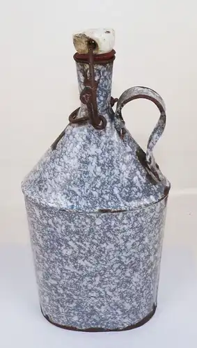 Alte Emaille Trinkflasche Flasche Verschluss Weiss Grau Vintage 