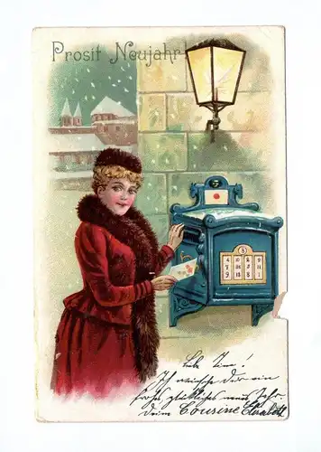 Ak Prosit Neujahr Frau am Briefkasten 1906