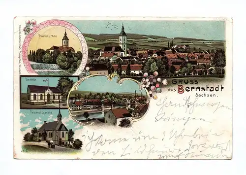 Litho Ak Gruss aus Bernstadt Sachsen Pliessnitz Turnhalle Friedhofskapelle 1900