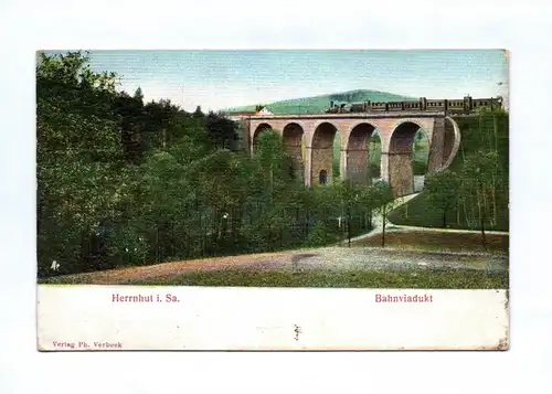 Ak Präge Litho Dampflok Herrnhut in Sachsen Bahnviadukt