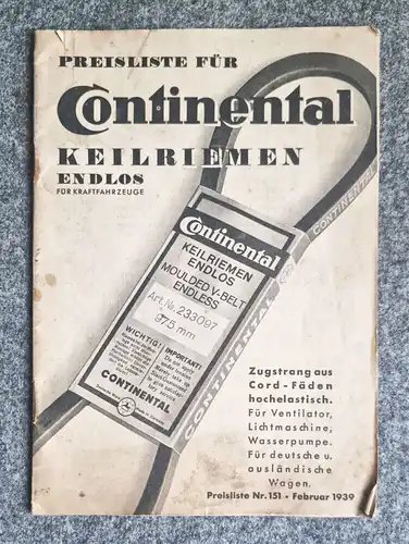 Preisliste für Continental Keilriemen 1939 Prospekt für Kraftfahrzeuge