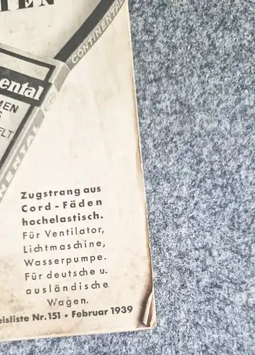 Preisliste für Continental Keilriemen 1939 Prospekt für Kraftfahrzeuge