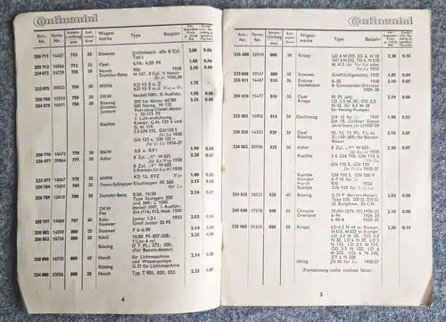 Preisliste für Continental Keilriemen 1939 Prospekt für Kraftfahrzeuge