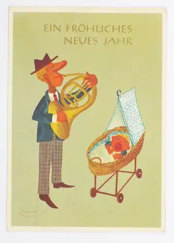 Künstler Ak Neujahr Musiker mit Baby 1965 Zittau