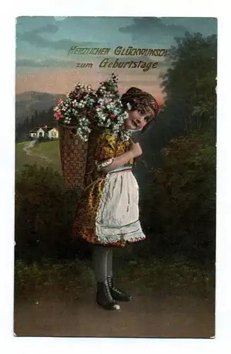 Ak Herzlichen Glückwunsch zum Geburtstage Mädchen mit Blumenkorb auf dem Rücken
