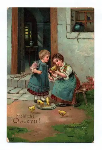 Ak Fröhliche Ostern zwei Mädchen mit Küken vor dem Haus 1913