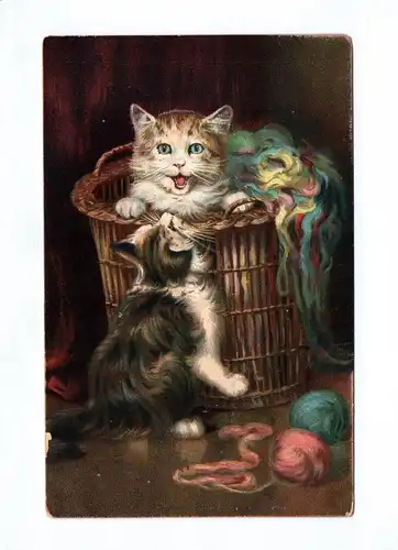 Künstler Ak Katzen beim Spielen mit Wolle