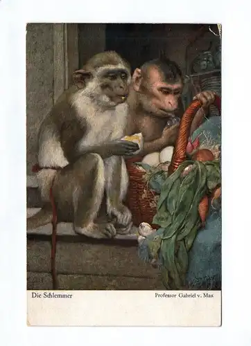 Künstler Ak Affen beim Essen mit Korb Die Schlemmer