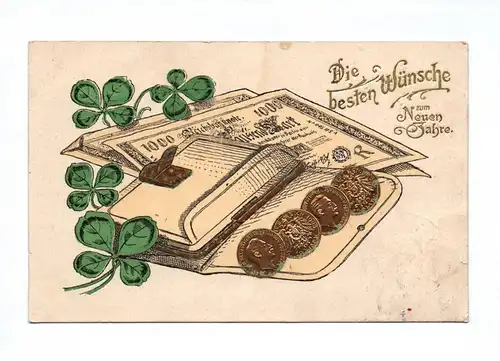 Künstler Ak Die besten Wünsche zum neuen Jahre 1912 Gold geprägt Kleeblätter