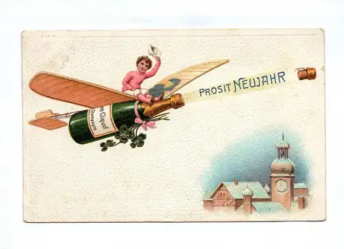 Ak Prosit Neujahr Junge auf fliegender Champagne Flasche DR
