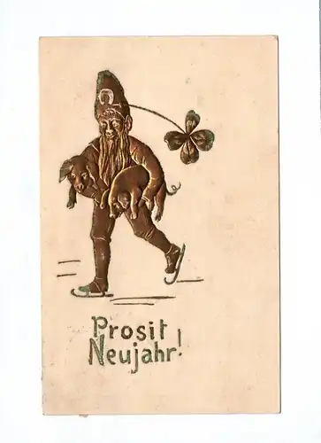 Künstler Ak Gold geprägt Prosit Neujahr 1911 Zwerg mit Schweinen und Kleeblatt