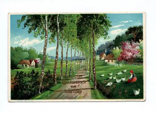 Künstler Ak Gold geprägt Weg mit Bäumen Häuser 1913 Herzlichen Glückwunsch