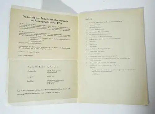 Beschreibung Inbetriebnahme Rettungs Fallschirm Re-4 August 1971 ! (H7