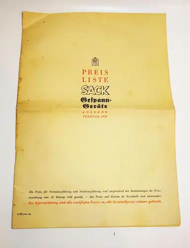 Katalog Preisliste Rud. Sack Leipzig Gespann - Geräte 1939  (H7