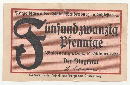 Notgeldschein 25 Pfennig Waldenburg Schlesien Wałbrzych polska 1920