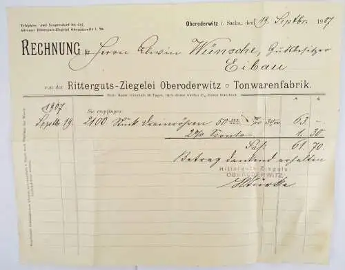 Rechnung Oberoderwitz Rittergut Ziegelei Tonwarenfabrik 3 Stück 1907