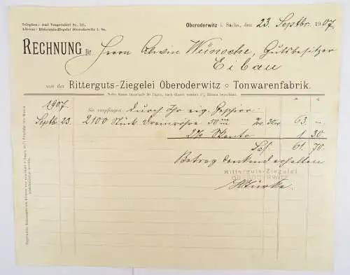 Rechnung Oberoderwitz Rittergut Ziegelei Tonwarenfabrik 3 Stück 1907