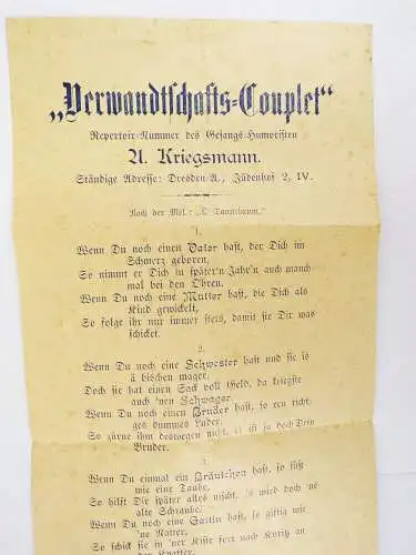 Dokument Dresden Jüdenhof Kriegsmann um 1910 Verwandschafts Couplet 