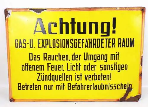 Altes Emailschild Gas Explosion Raum Schrift Gelb Warnschild Hinweisschild Deko