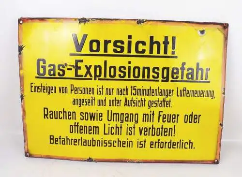 Altes Emaille Warnschild Vorsicht Gas Explosionsgefahr Schrift Emailschild