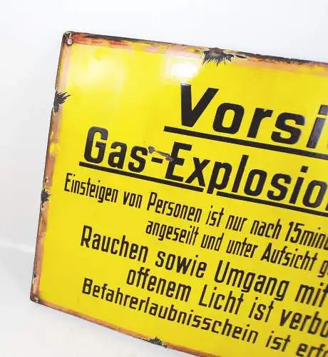 Altes Emaille Warnschild Vorsicht Gas Explosionsgefahr Schrift Emailschild