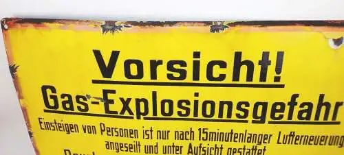 Altes Emaille Warnschild Vorsicht Gas Explosionsgefahr Schrift Emailschild