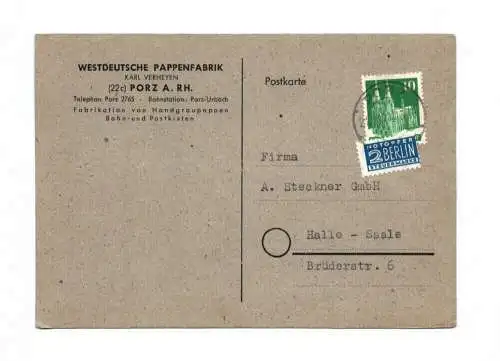 Westdeutsche Pappenfabrik Porz am Rhein 1950 Postkarte