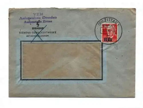Briefkuvert VEM Anlagenbau Dresden Außenstelle Zittau Siemens 1949