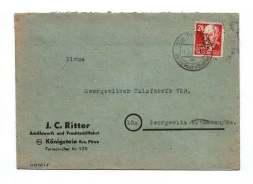 Firmenbrief Schiffswerk und Frachtschiffahrt Königstein Kreis Pirna 1950