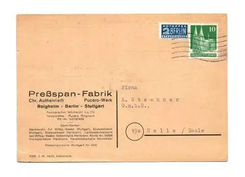 Preßspan Fabrik Roigheim Berlin Stuttgart 1950 Firmenbrief