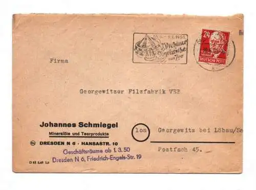 Brief Johannes Schmiegel Mineralöle Teerprodukte Dresden 1950