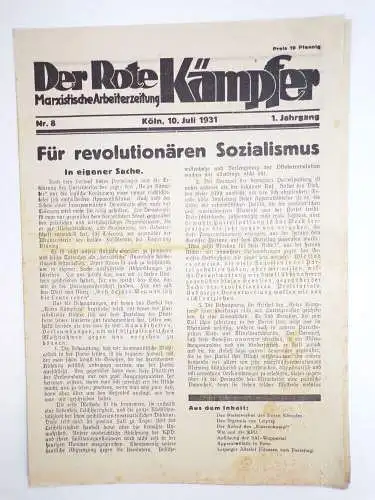 Der Rote Kämpfer Nummer 8 von 1931 Marxistische Arbeiter Zeitung