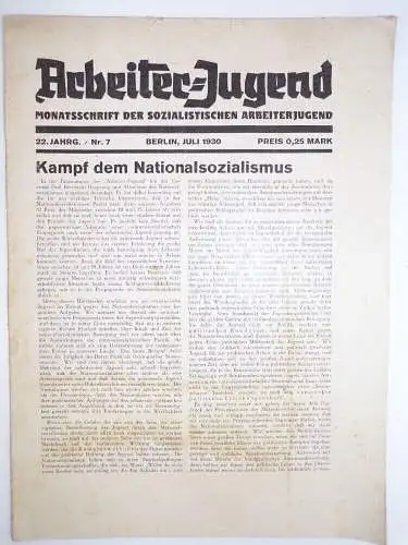 Arbeiter Jugend 1930 Kampf den Nationalsozialismus Nr 7 von 1930 SPD Zeitung