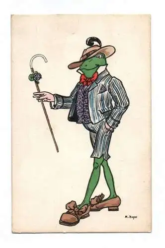 Künstler Ak vermenschlichter Frosch mit Spazierstock im Anzug