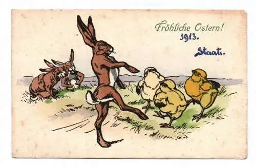 Ak Fröhliche Ostern 1913 Osterhasen mit Entenküken am Tanzen