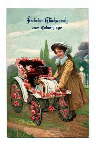 Präge Ak Herzlichen Glückwunsch zum Geburtstage Mädchen mit Blumen am Auto