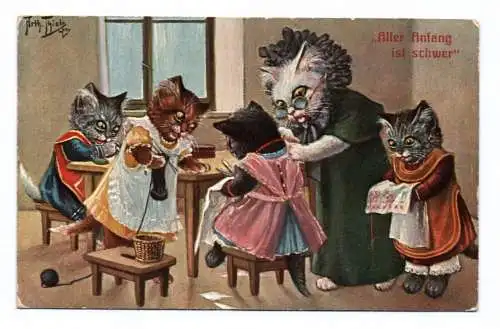 Ak Arthur Thiele vermenschlichte Katzen beim Nähen Aller Anfang ist schwer