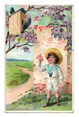 Ak Kind mit Blumen in der Hand 1914 Vögel im Vogelhaus