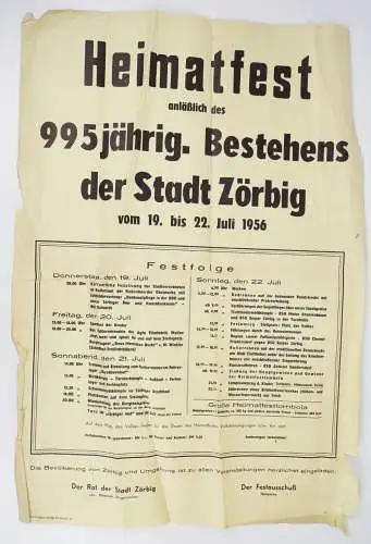 Plakat Heimatfest 995 Jahre Stadt Zörbig bei Köthen 1956